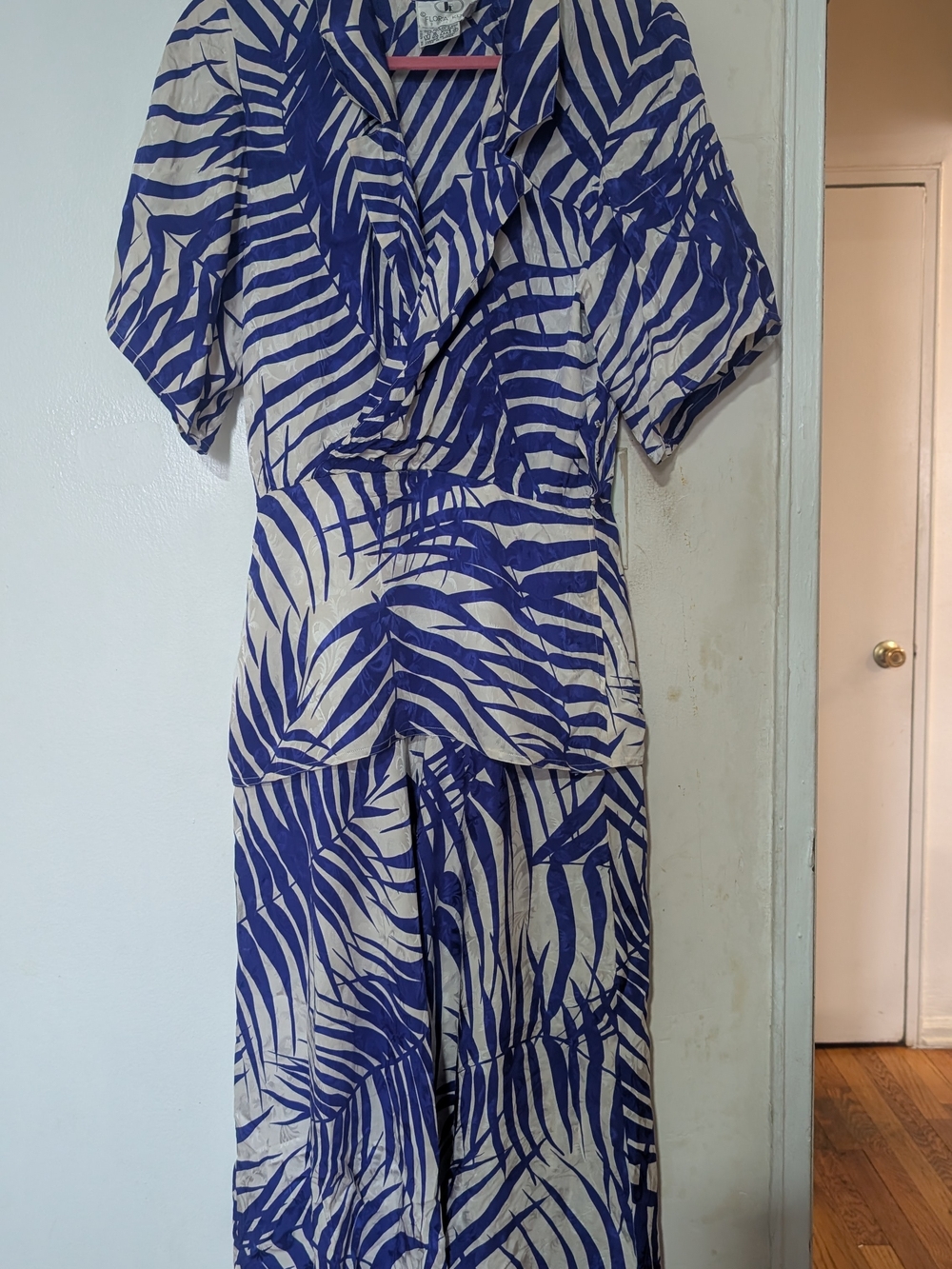 Blue Leaf-Print Wrap Maxi Dress 100% Silk